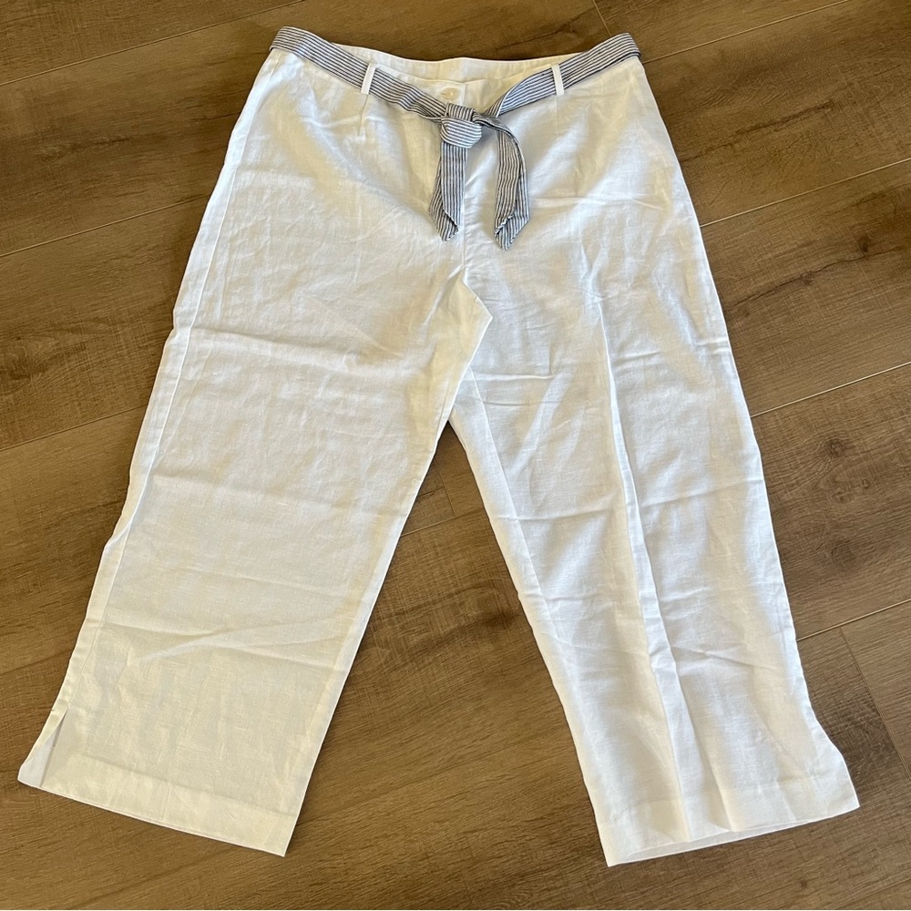 Norton McNaughton White Linen Cotton Wide Leg Pants Sz 14 34x23.5 Belted Tie EUC